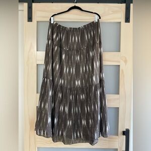 Talbots 1X Tiered Maxi Skirt Gray Taupe Ikat Print 100% Cotton Lined Boho